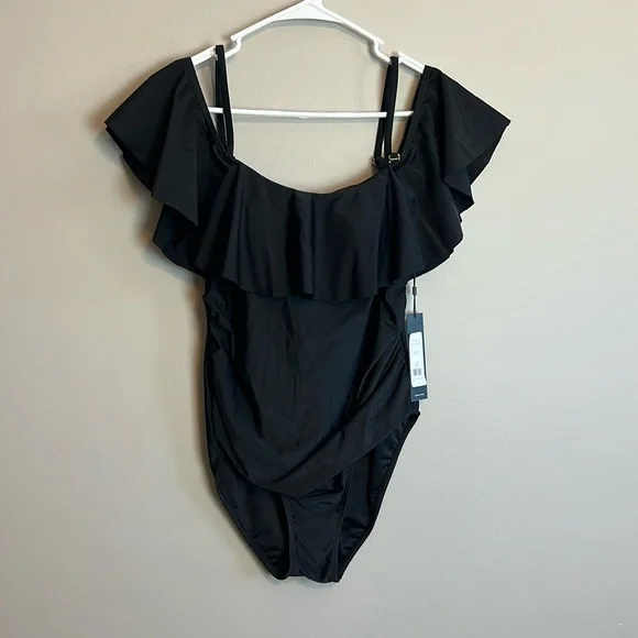 NWT BCBGMaxazria Black Ruffle Sleeve One Piece Swimsuit Size Large - Picture 5 of 7